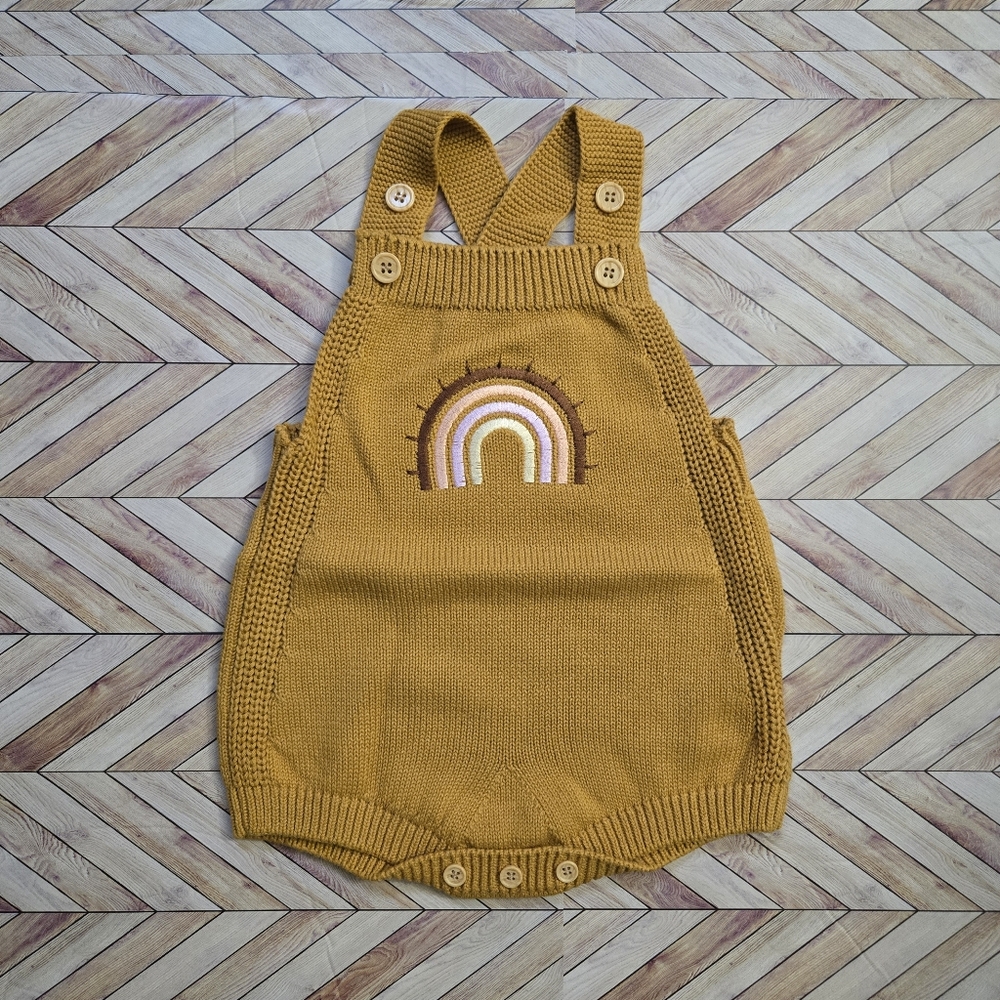 Boho Baby Girl Knit Rainbow Romper Mustard Sleeveless Sunsuit Cotton Overalls